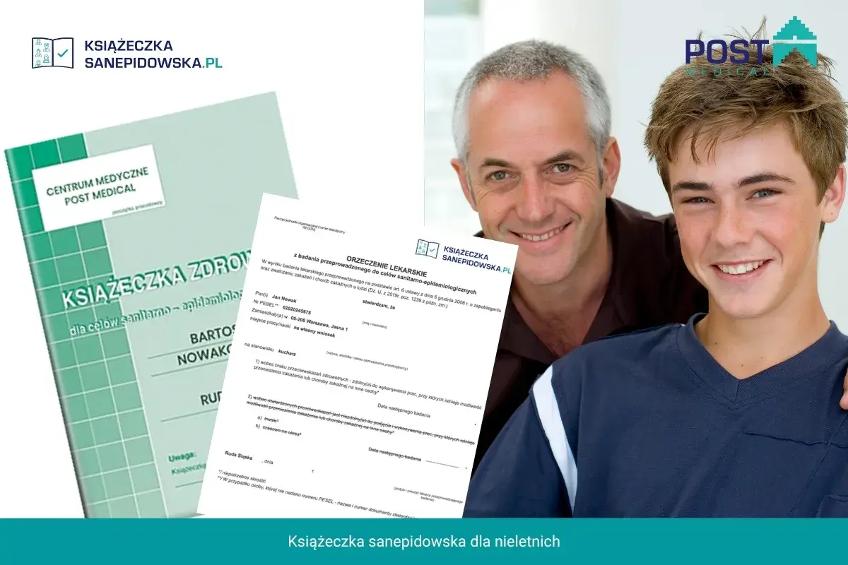 Uśmiechnięty ojciec i syn pozują z książeczką sanepidowską. Dokument jest ważny dla zdrowia i bezpieczeństwa.