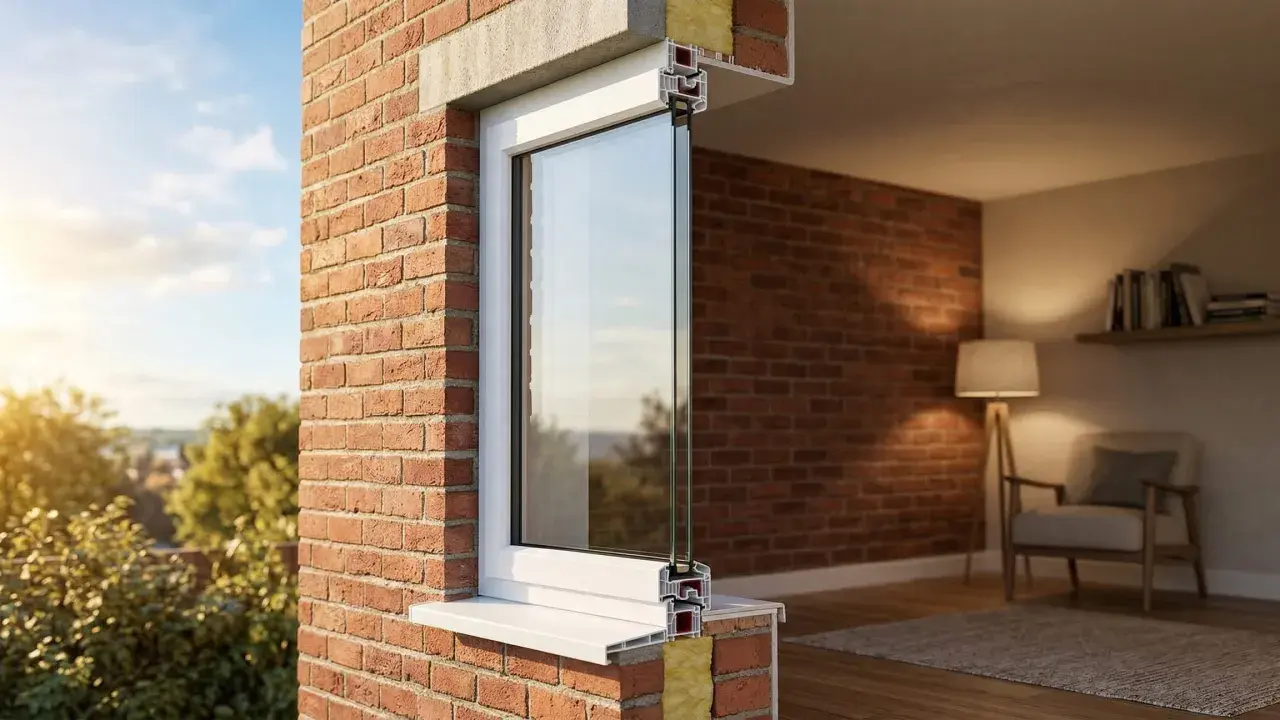 Corte de ventana con vidrio doble bajo emisivo, mostrando aislamiento y el interior de una habitación acogedora.