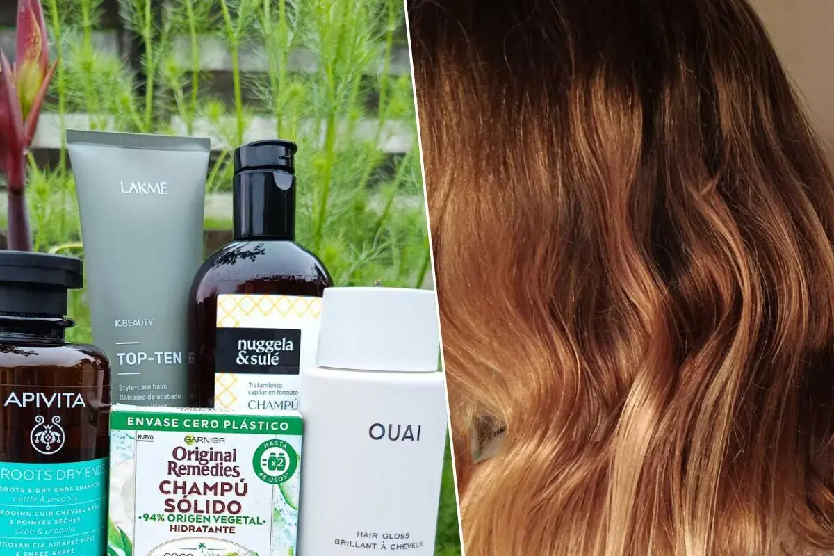 Variedad de champús y tratamientos capilares, incluyendo champú sólido y brillo para el cabello, ideales para un cuidado sin siliconas.