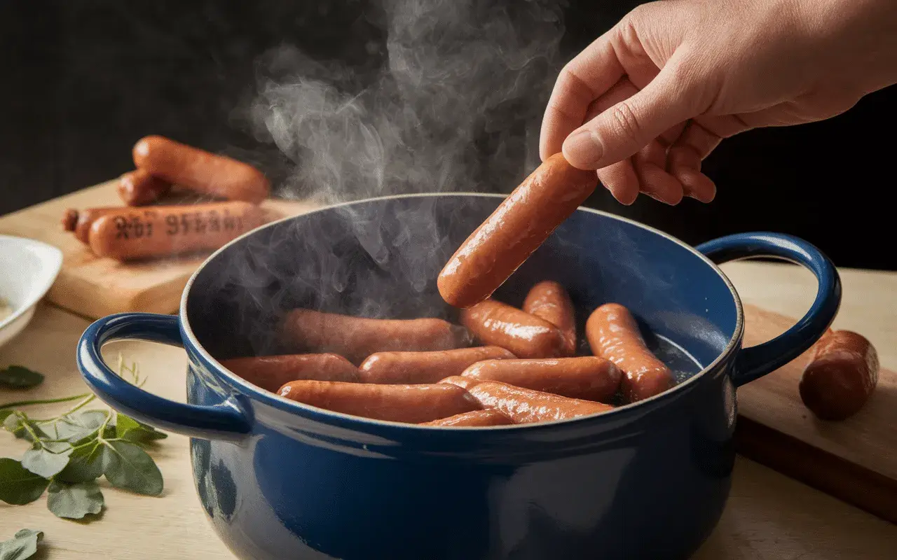 Une main ajoute une saucisse de Strasbourg dans une cocotte bleue bouillonnante. Une recette simple et savoureuse.