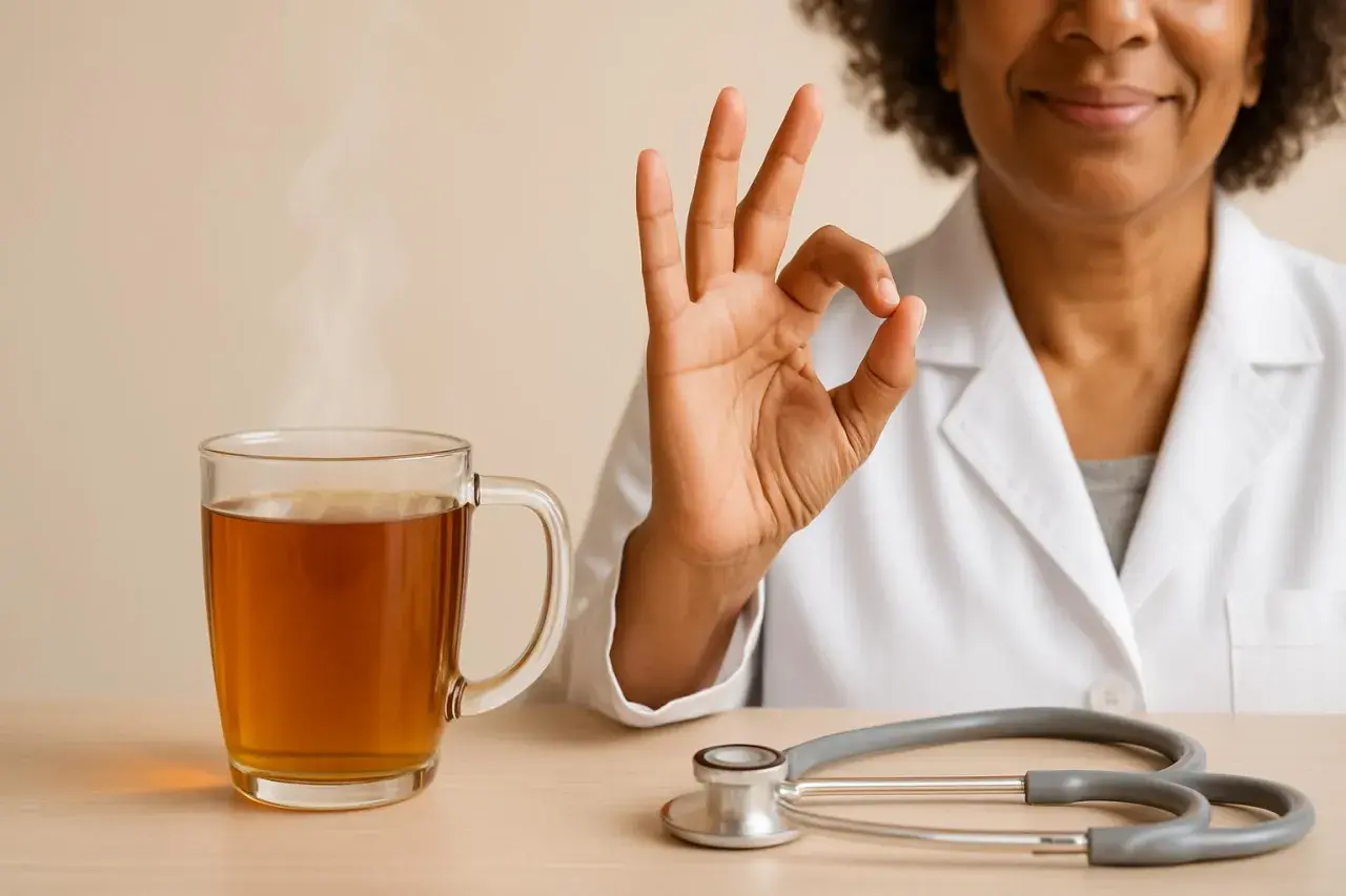 Medico con gesto OK, tazza di tisana per andare in bagno fai da te fumante e stetoscopio.