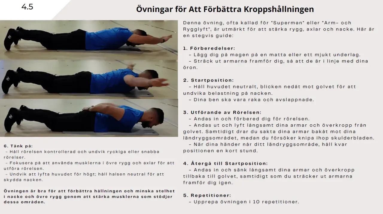 Man stretchar armar och överkropp från golvet för att stärka rygg, axlar och nacke.