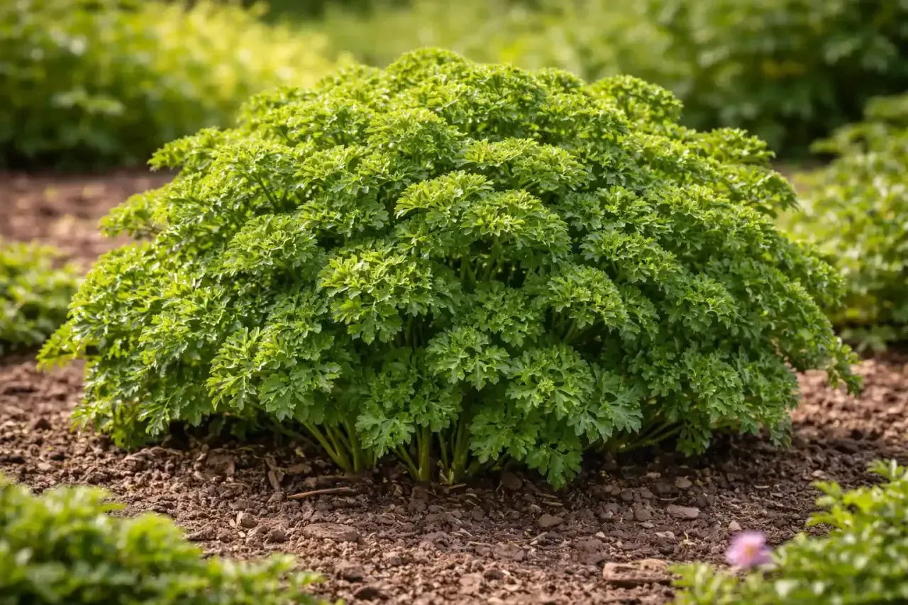 Un folto cespuglio di **pianta prezzemolo** riccio, rigoglioso e verde brillante, cresce su un terreno scuro e terroso.