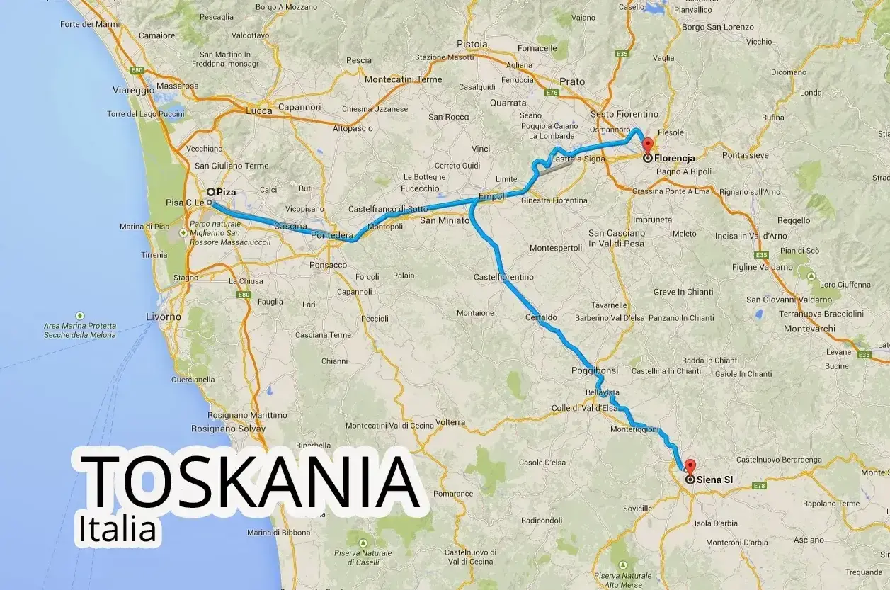 Trasa z lotniska w Toskanii, przez Pizę i Florencję, do Sieny.