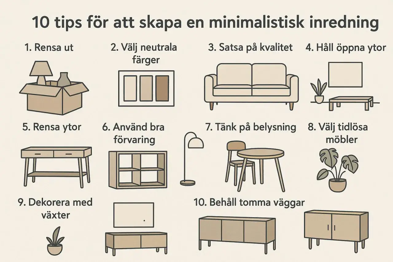 Illustrationer visar 10 tips för ett minimalistiskt hem: rensa ut, välj neutrala färger, satsa på kvalitet, håll öppna ytor, använd bra förvaring, tänk på belysning, välj tidlösa möbler, dekorera med växter och behåll tomma väggar.