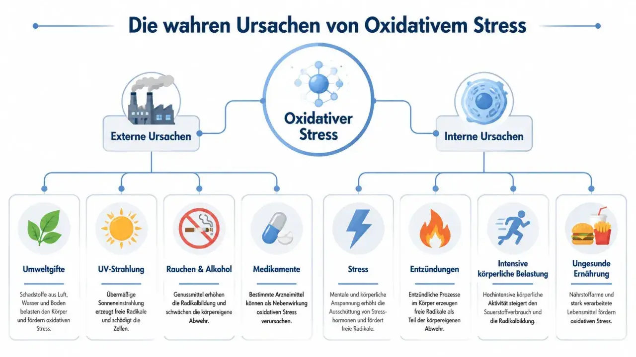 Ursachen von oxidativem Stress: Umweltgifte, UV-Strahlung, Rauchen, Medikamente, Stress, Entzündungen, intensive Belastung und ungesunde Ernährung.