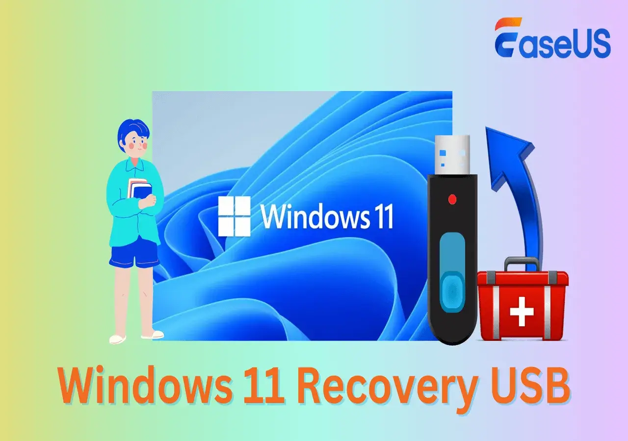 Ein Junge hält Bücher, daneben ein USB-Stick mit Windows 11 Logo und eine rote Erste-Hilfe-Tasche. Erstellung eines Windows 11 Recovery USB.