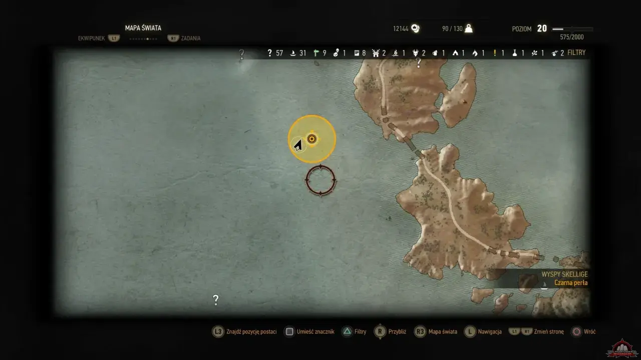 Mapa świata Wiedźmin 3. Wskazuje Wyspy Skellige, a konkretnie Czarną Perłę.