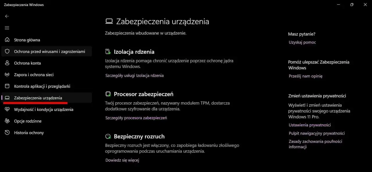 Zabezpieczenia urządzenia w Windows 11: izolacja rdzenia chroni jądro systemu. Zobacz szczegóły.