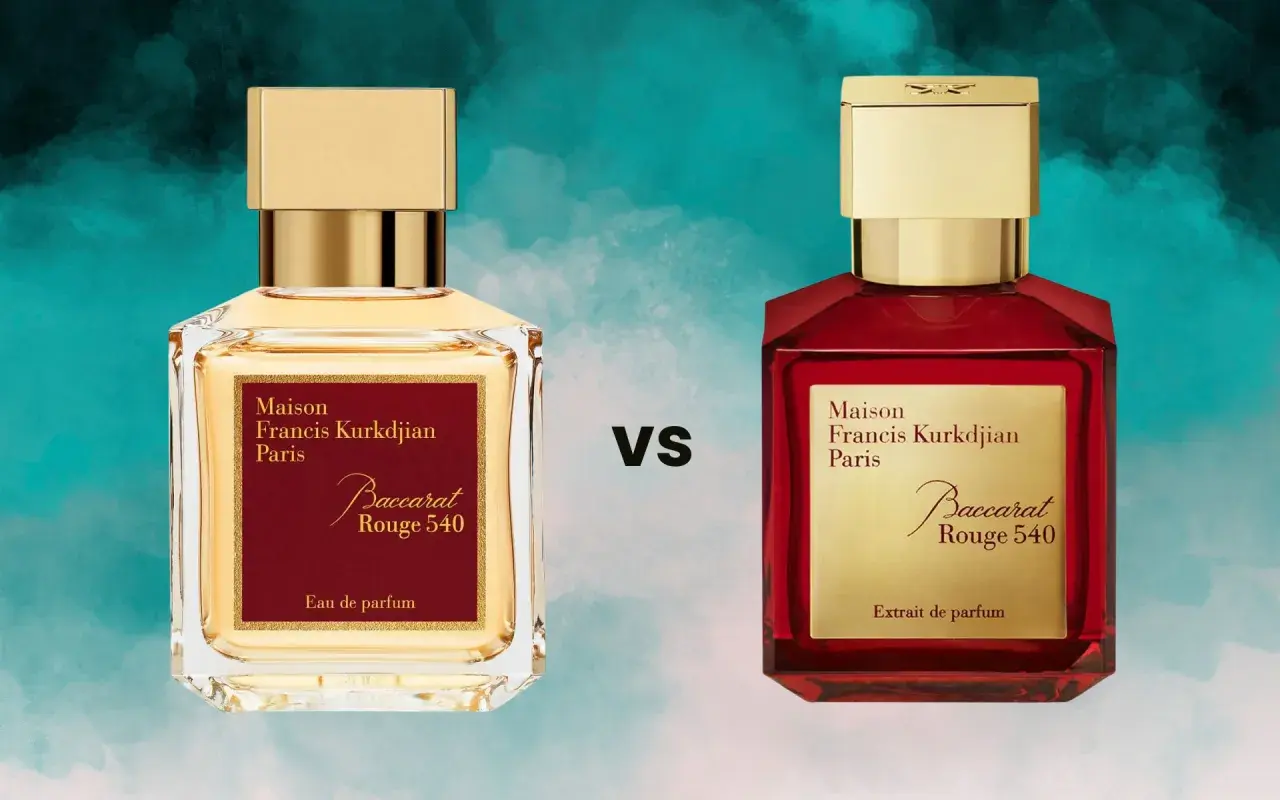 Dwie butelki Maison Francis Kurkdjian Baccarat Rouge 540: jedna z płynem w kolorze bursztynowym (Eau de parfum), druga z intensywnie czerwonym (Extrait de parfum).