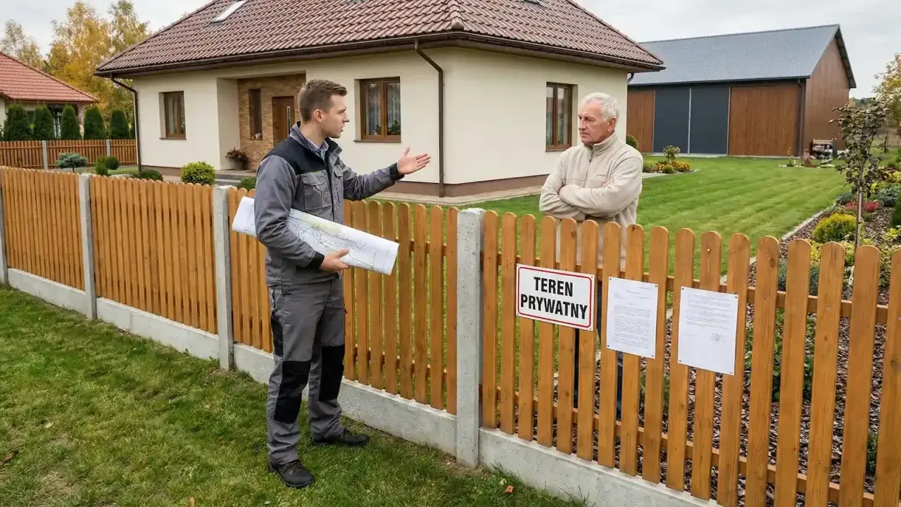 Młody mężczyzna z planami w ręku tłumaczy starszemu panu, że sąsiad przejeżdża przez moją działkę. Tabliczka "Teren prywatny" i dokumenty na płocie.
