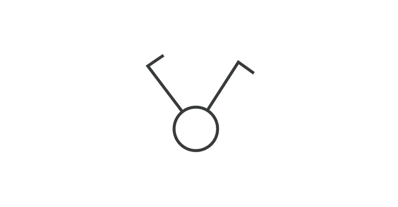 Symbol wyłącznika schodowego: okrąg z dwoma ramionami skierowanymi ku górze, przypominający literę "V" lub anteny.