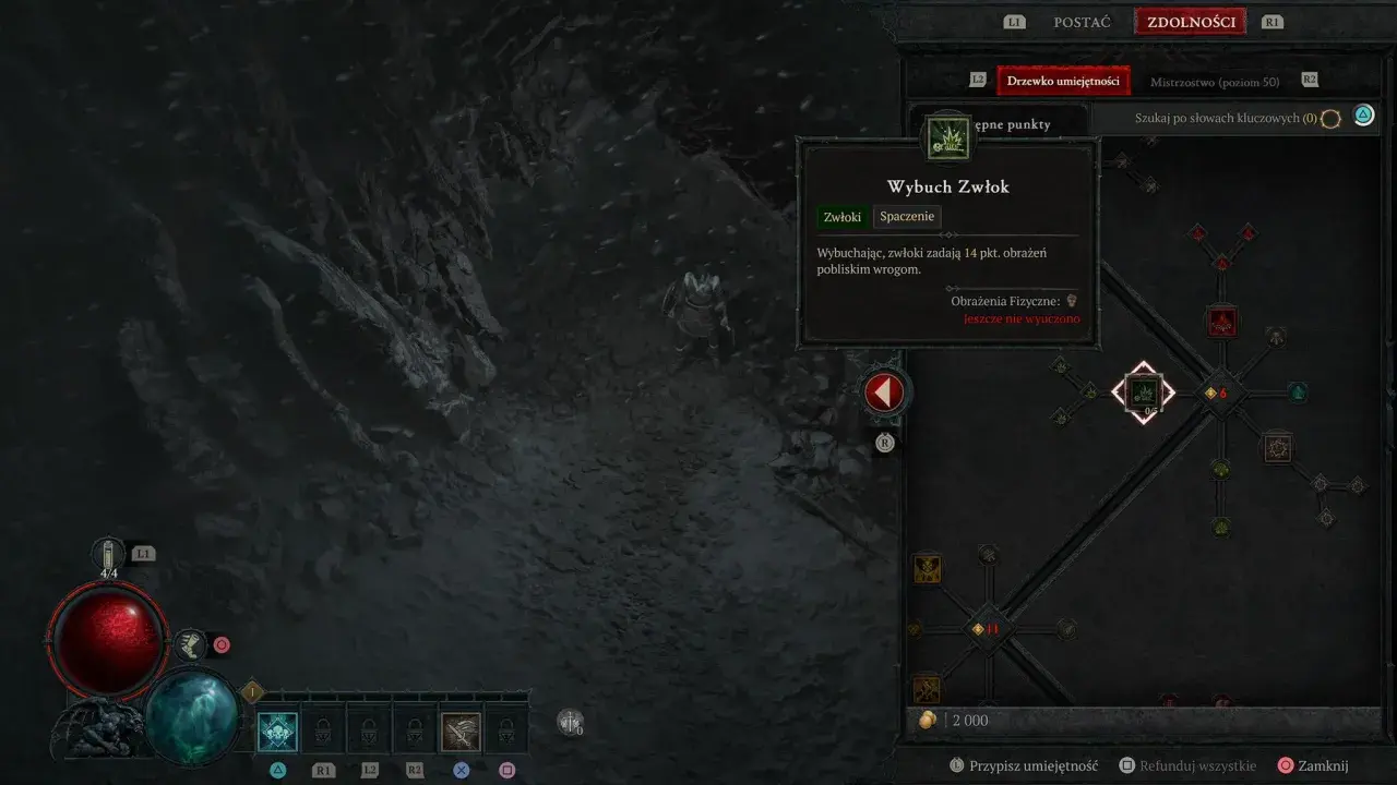 Diablo 4: nekromanta build. Drzewko umiejętności z aktywną zdolnością "Wybuch Zwłok", która zadaje obrażenia pobliskim wrogom.