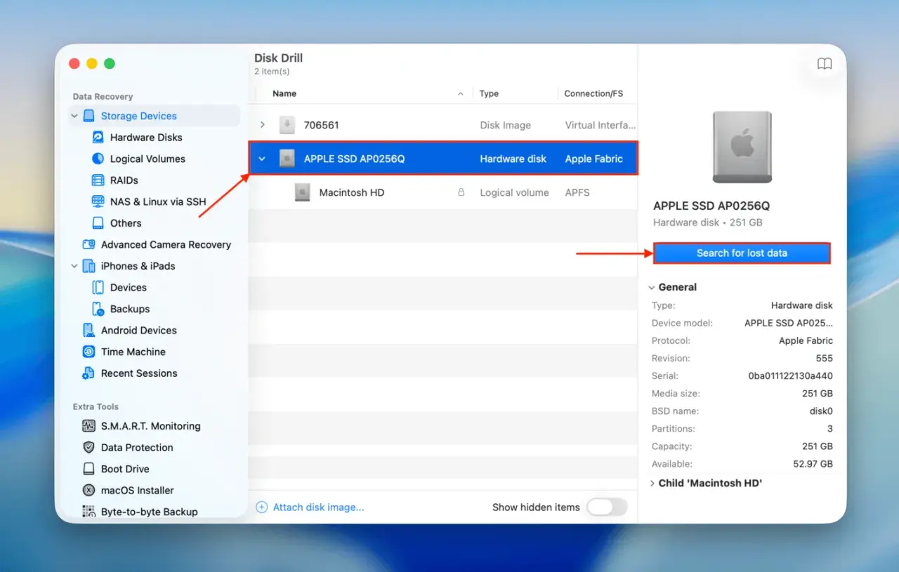 Jak znaleźć kosz w komputerze? Wybierz dysk "APPLE SSD AP0256Q" i kliknij "Search for lost data".