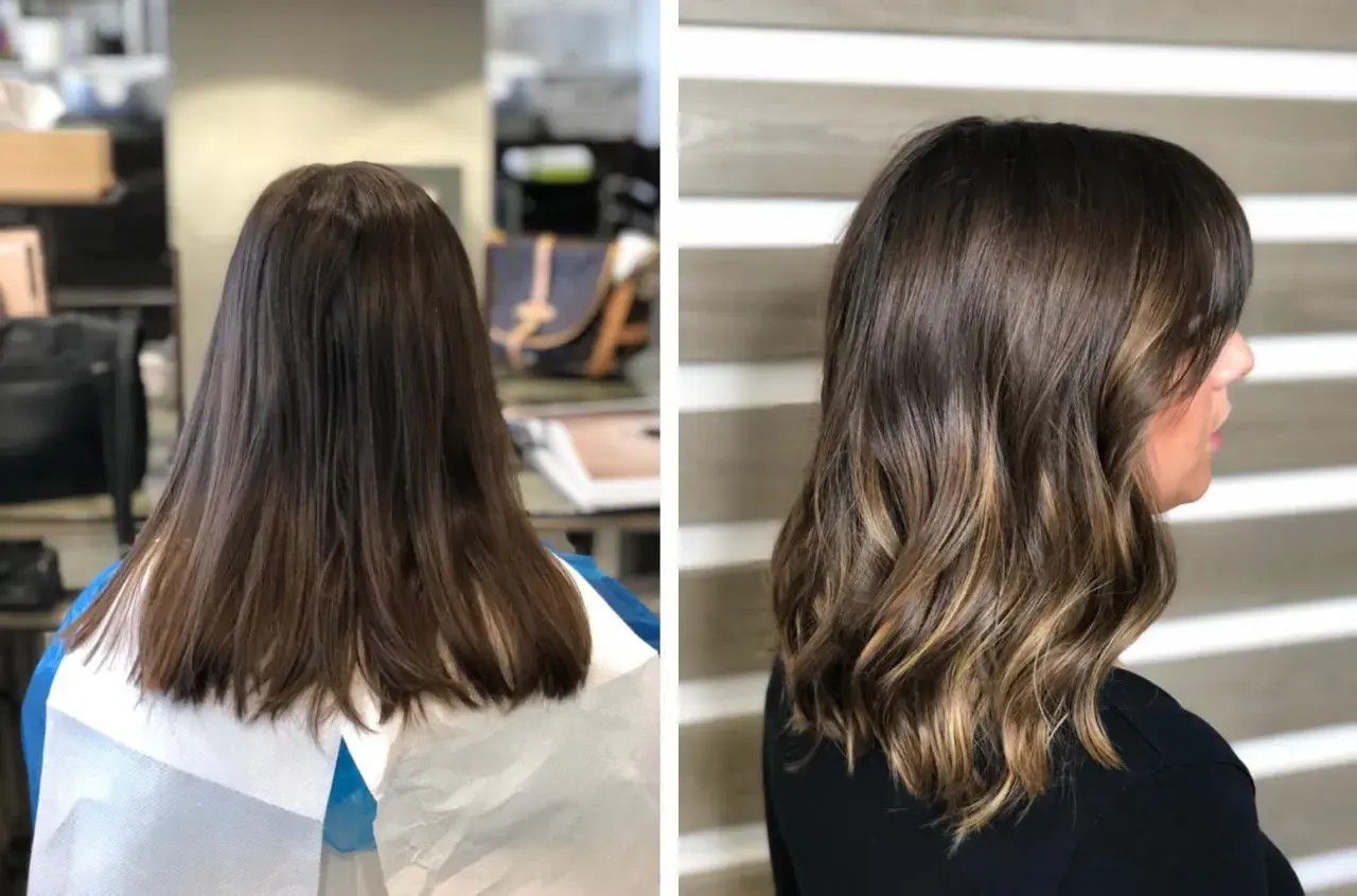 Capelli castani trasformati con schiariture delicate e onde morbide, un perfetto effetto tono su tono.