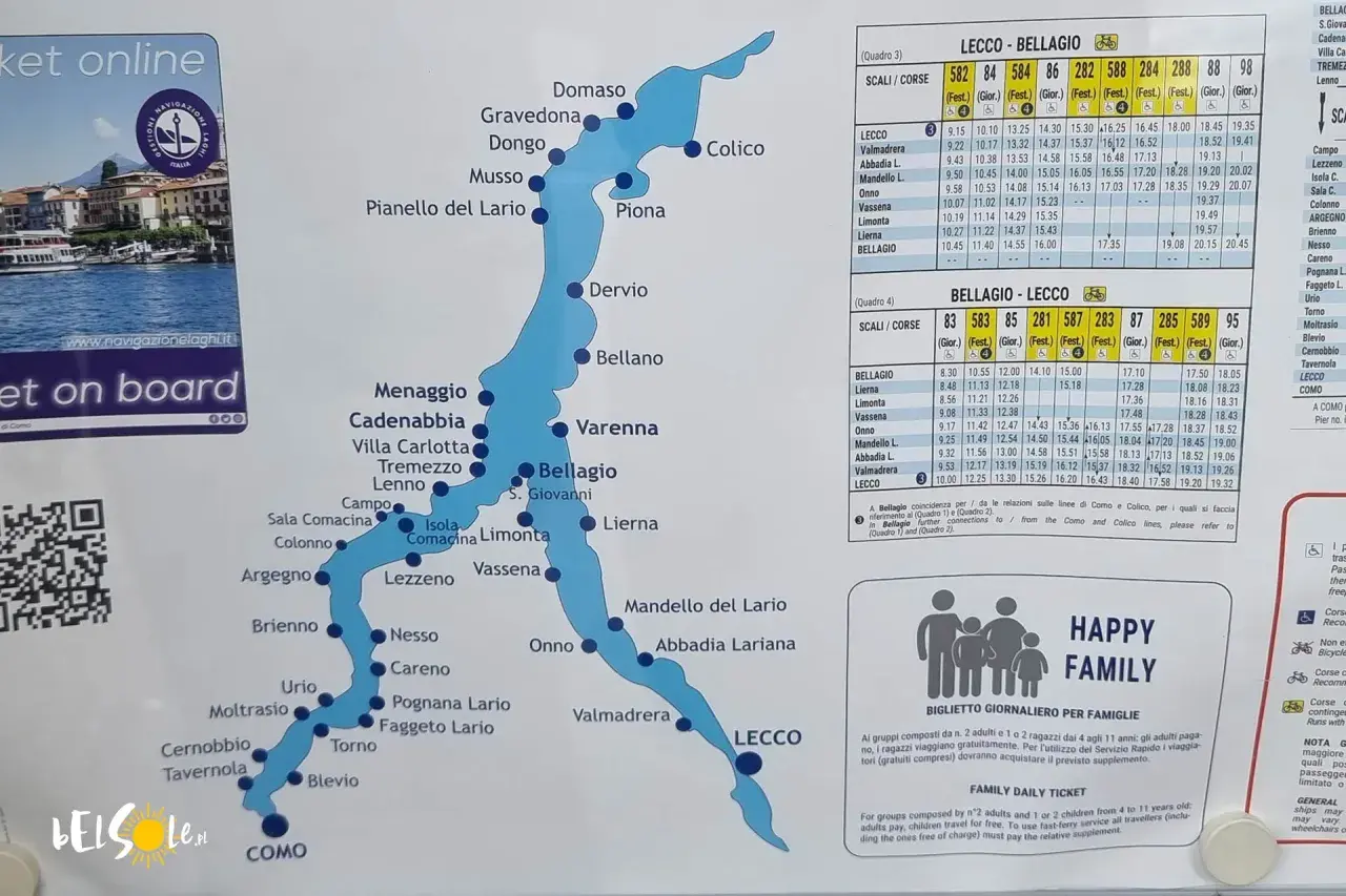 Mapa jeziora Como z zaznaczonymi przystaniami i rozkładem jazdy. Zaplanuj swój rejs po Como!