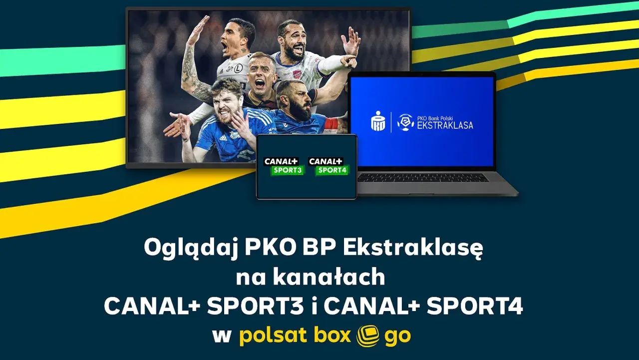 Piłkarze na ekranie telewizora i laptopa, z logo PKO BP Ekstraklasa i kanałów Canal+.