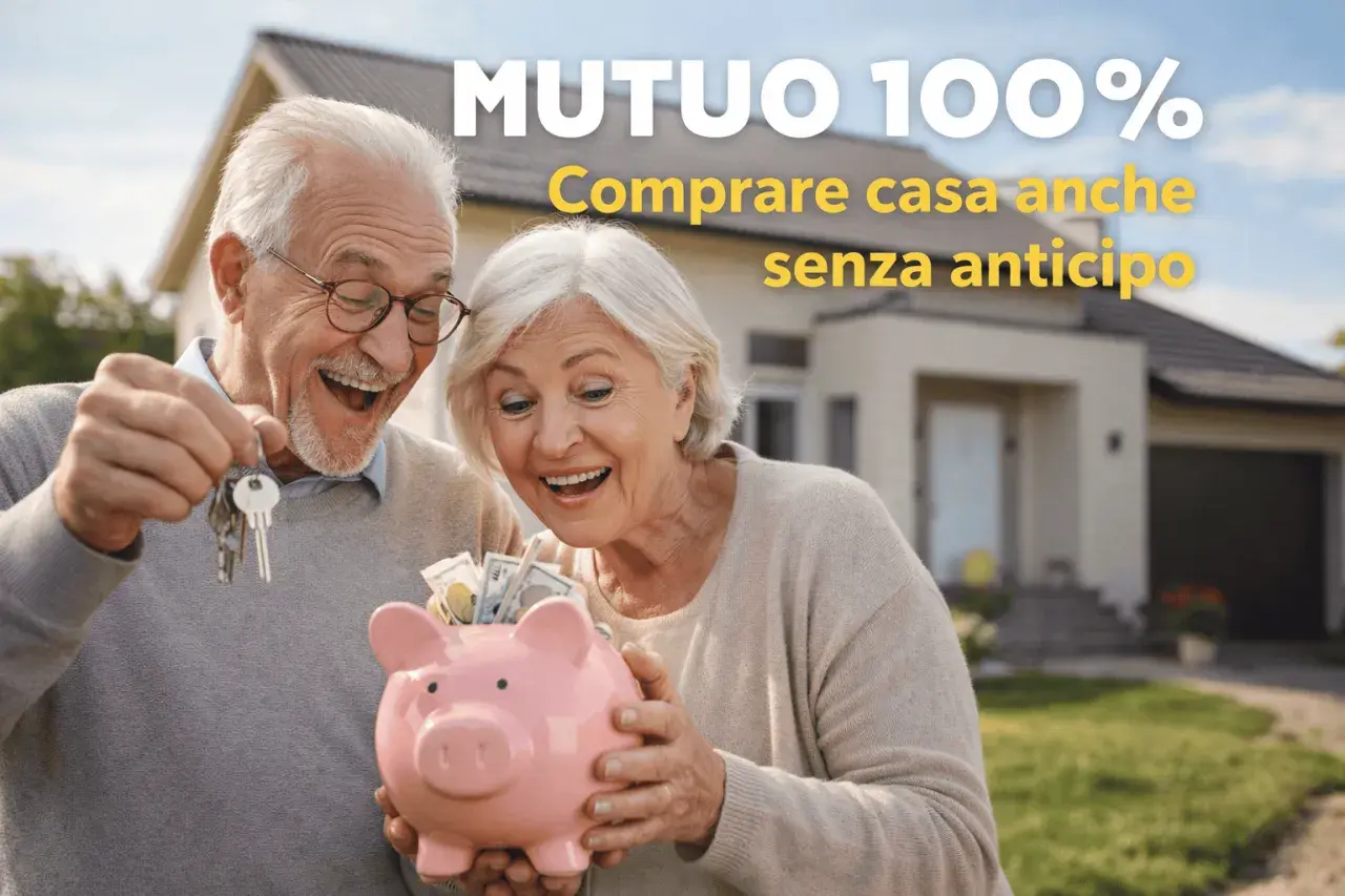 Coppia anziana felice con chiavi e salvadanaio pieno di soldi, realizzando il sogno di comprare casa senza anticipo grazie al mutuo 100%.