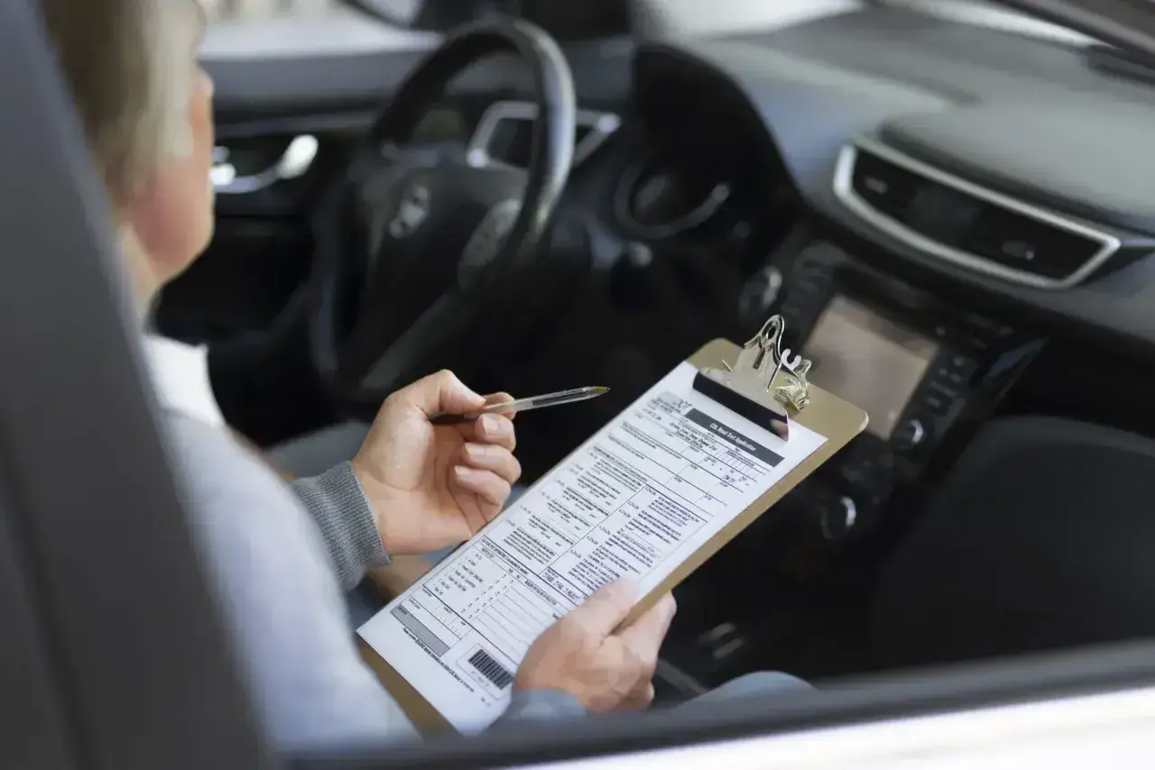 Osoba w samochodzie wypełnia dokumenty dotyczące akcyzy za auto.
