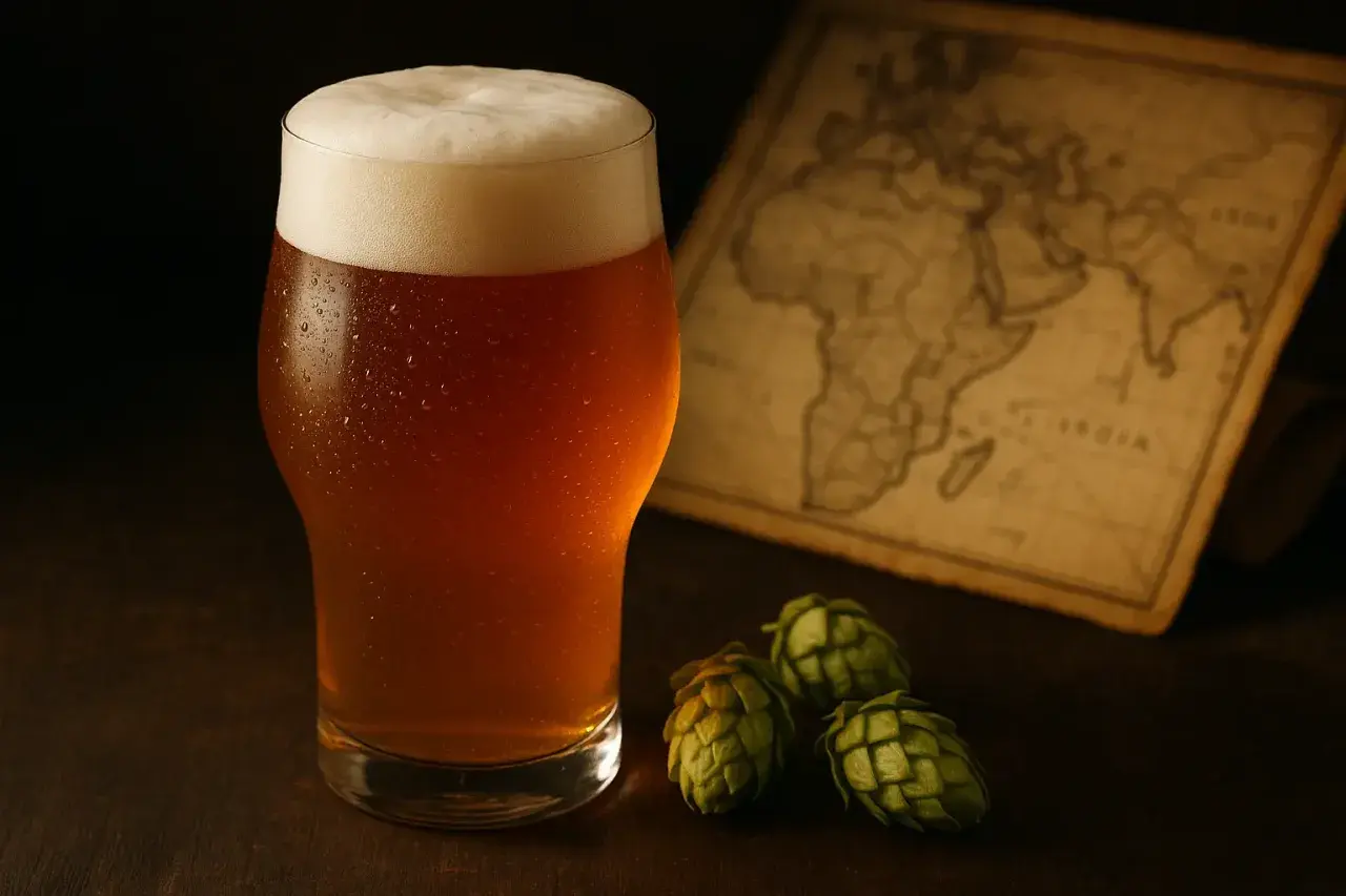 Verre de bière ambrée, houblons et carte ancienne. L'IPA, signification d'une bière aux arômes audacieux.