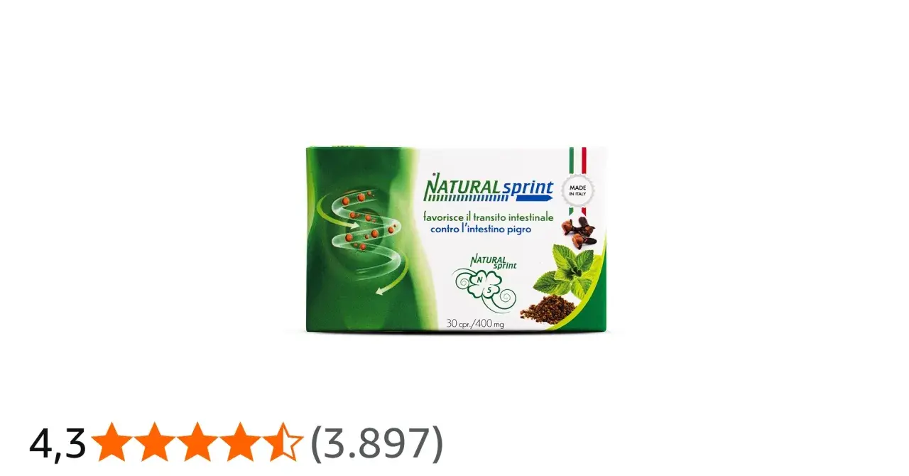 Scatola Natural Sprint, che favorisce il transito intestinale. Immagine di un intestino stilizzato con capsule e ingredienti naturali.