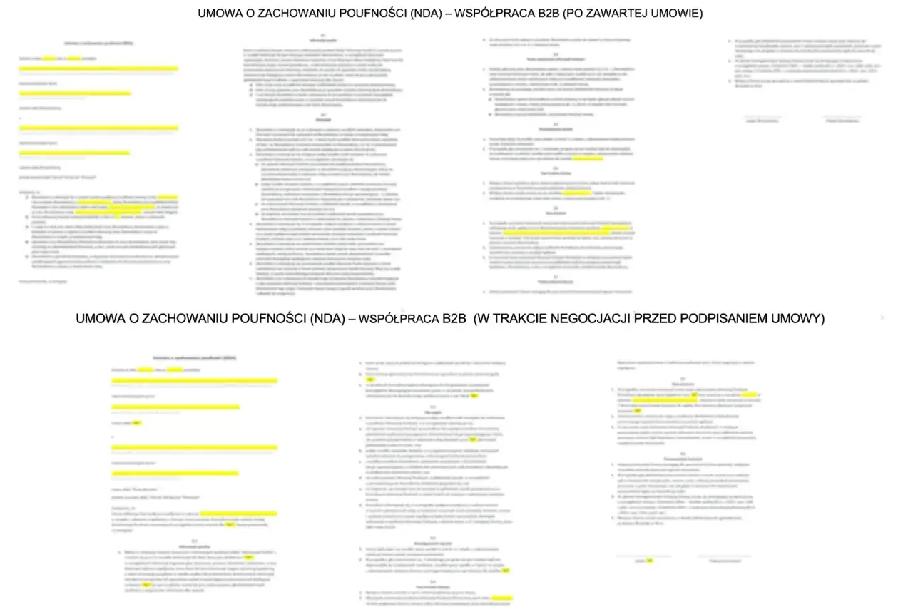 Dwa dokumenty z tekstem, jeden zatytułowany "Umowa o zachowaniu poufności (NDA) – współpraca B2B (po zawartej umowie)", drugi "Umowa o zachowaniu poufności (NDA) – współpraca B2B (w trakcie negocjacji przed podpisaniem umowy)". Widoczny jest wzór umowy...