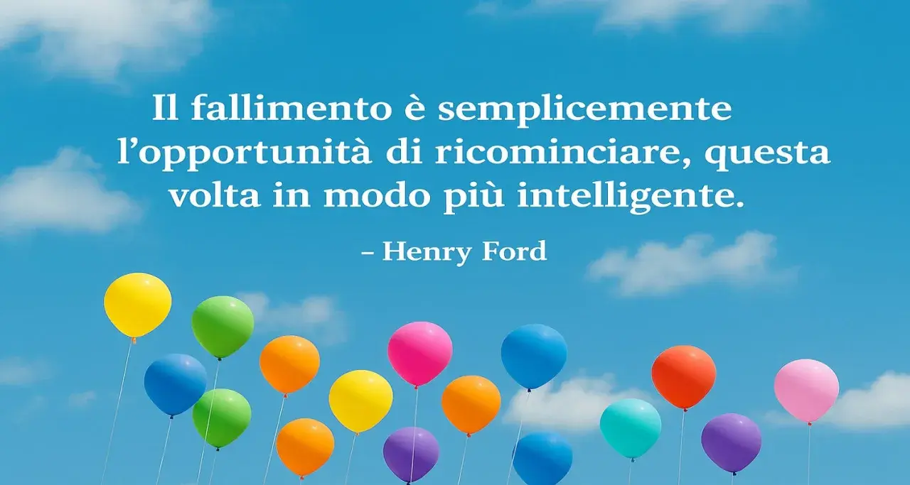 Colorful balloons float against a blue sky with clouds, with a quote by Henry Ford overlaid.