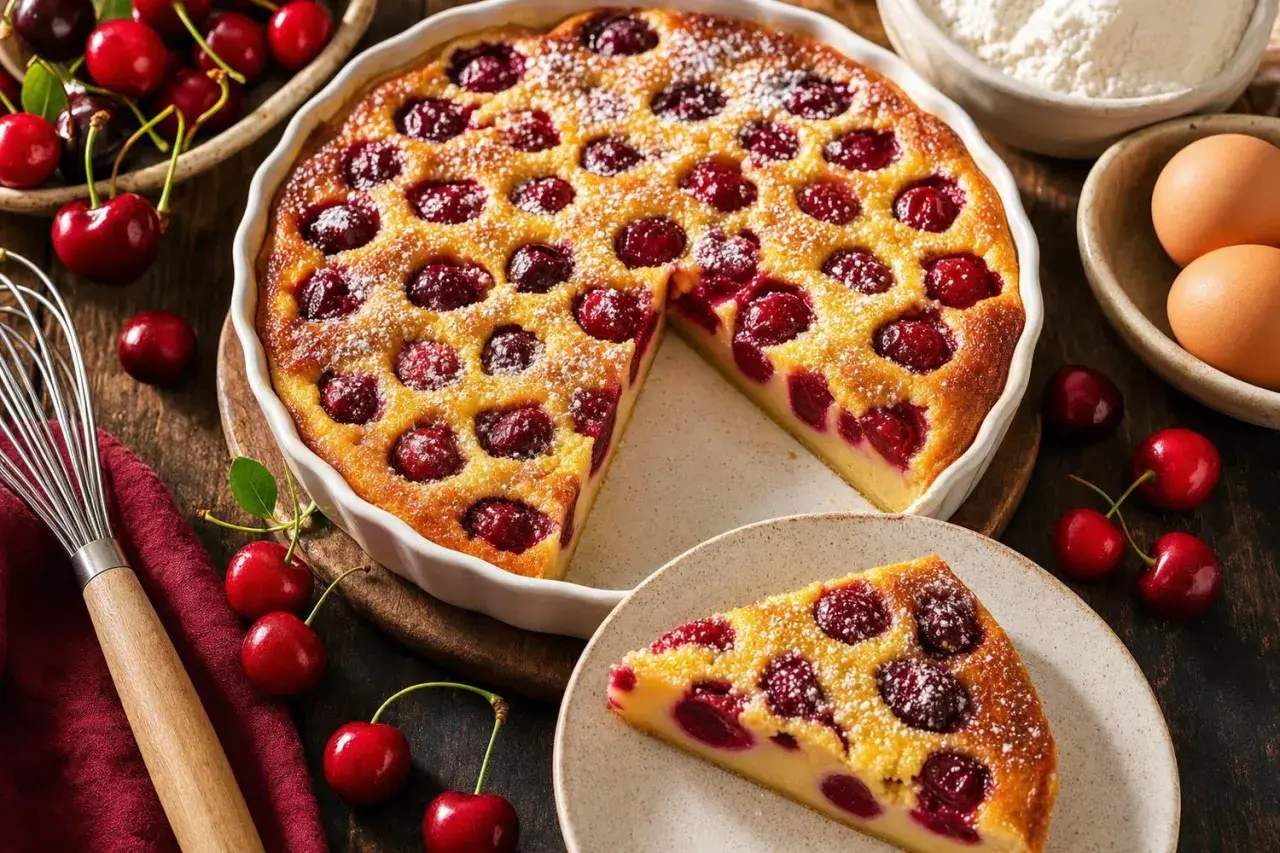 Un délicieux clafoutis aux cerises congelées, saupoudré de sucre glace, avec une part servie sur une assiette.