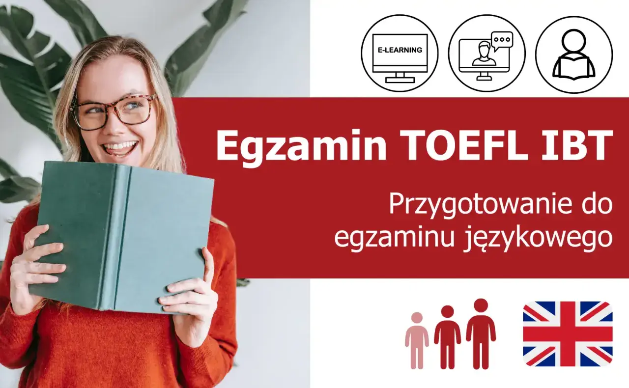 Uśmiechnięta dziewczyna z książką, przygotowująca się do egzaminu TOEFL iBT. Ikony symbolizują e-learning i naukę.