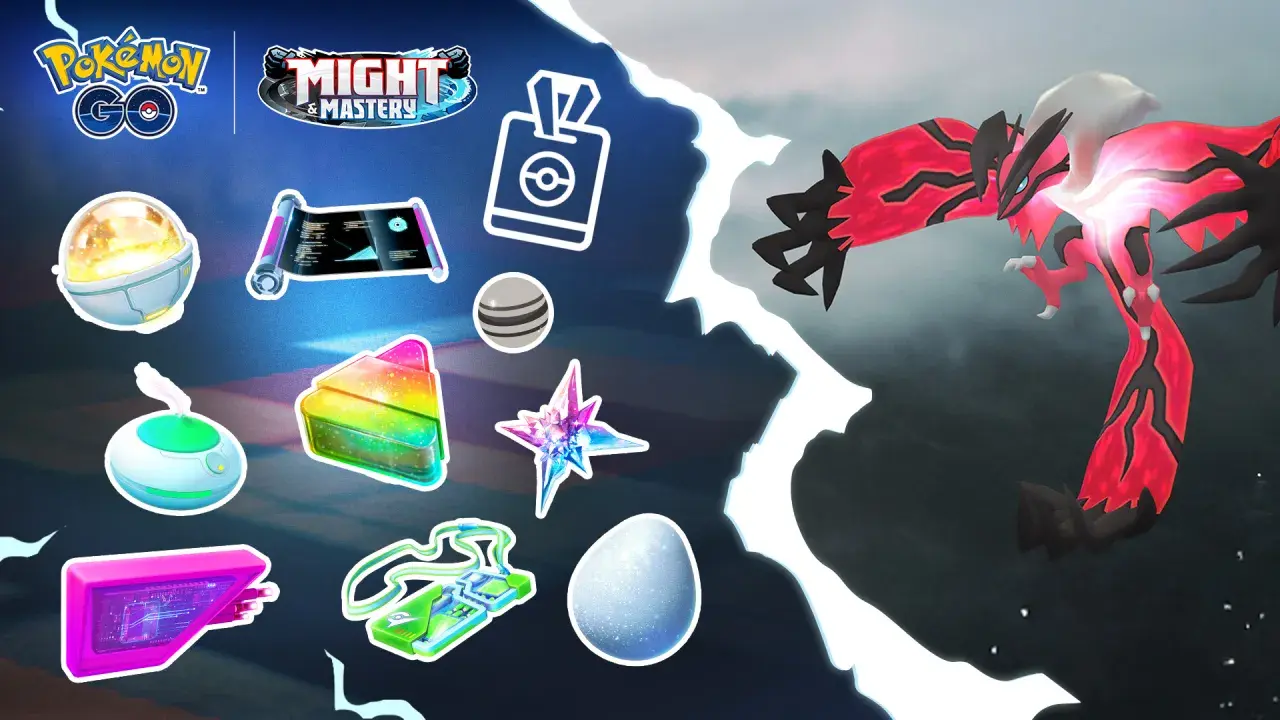 Grafika z gry Pokémon GO, przedstawiająca przedmioty i legendarnego Pokémona Yveltal. To świetny pokemon go poradnik dla graczy.