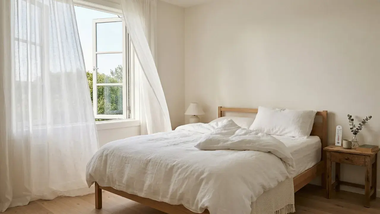 Ein helles Schlafzimmer mit einem offenen Fenster und weißen Vorhängen. Ein Thermometer auf dem Nachttisch zeigt die ideale Temperatur, bei welcher Temperatur sollte man schlafen.