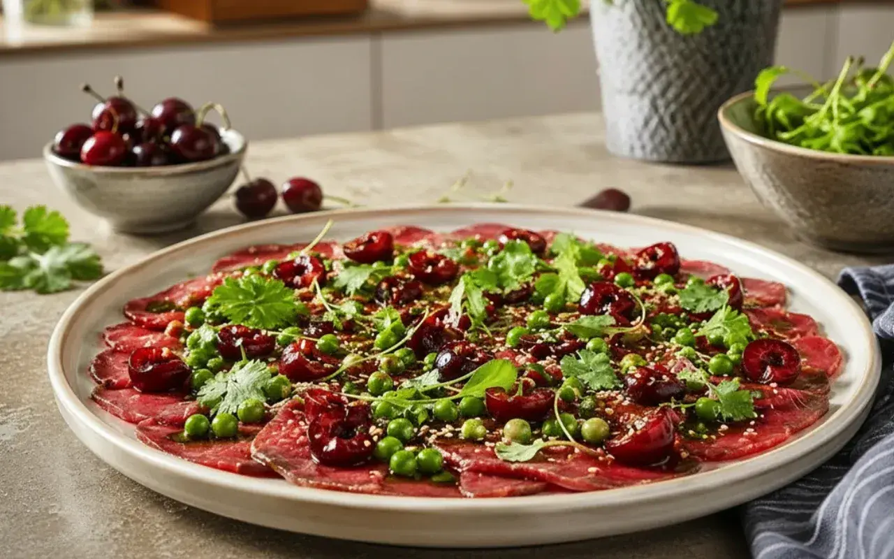 Wykwintne carpaccio z gęsi z wiśniami, groszkiem i kolendrą, posypane sezamem.