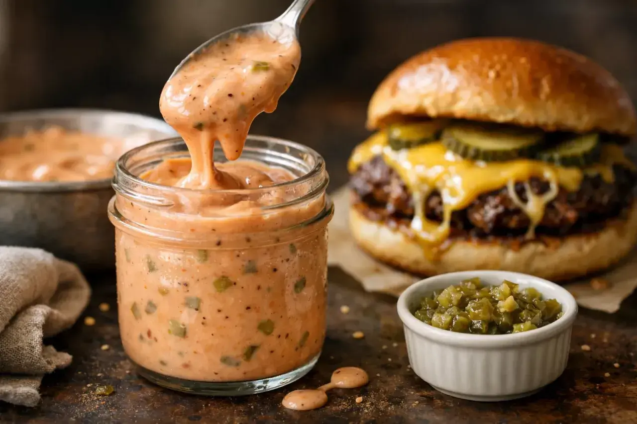 Une cuillère verse une sauce onctueuse, parfaite pour une idée sauce burger. Un burger dégoulinant de fromage et de cornichons est en arrière-plan.