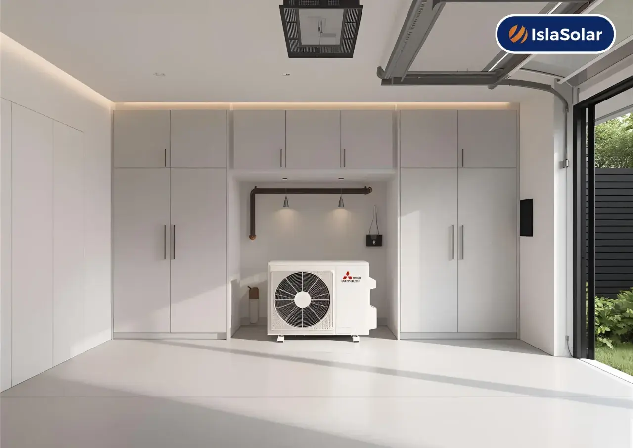 Unidad exterior de aerotermia Mitsubishi, ideal para instalar en garajes o espacios amplios.