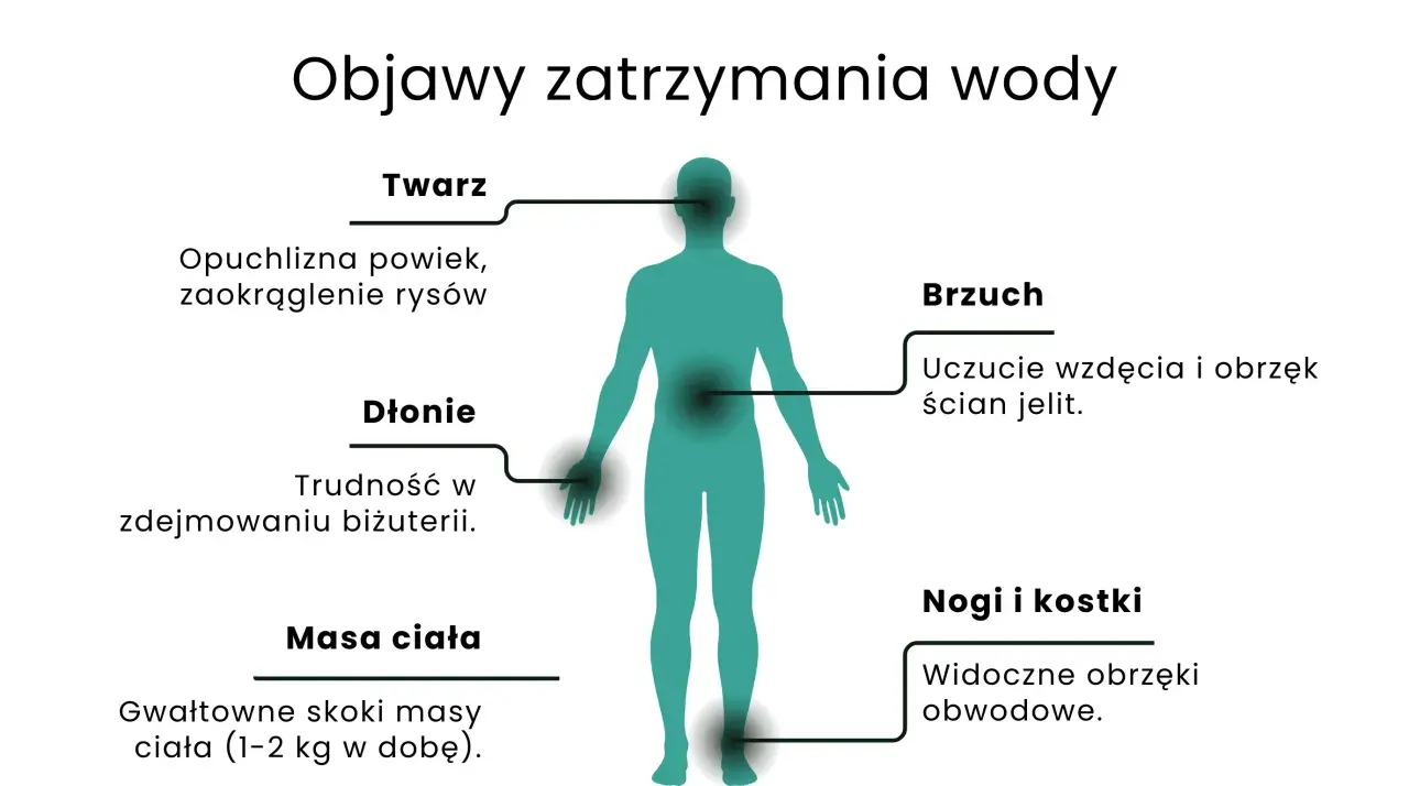 Ilustracja przedstawia sylwetkę człowieka z zaznaczonymi obszarami zatrzymania wody: twarz, dłonie, brzuch, nogi i kostki, oraz masa ciała.
