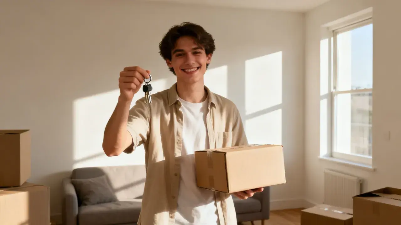 Joven sonriente con caja y llaves, listo para mudarse a su nuevo hogar gracias al bono joven alquiler.