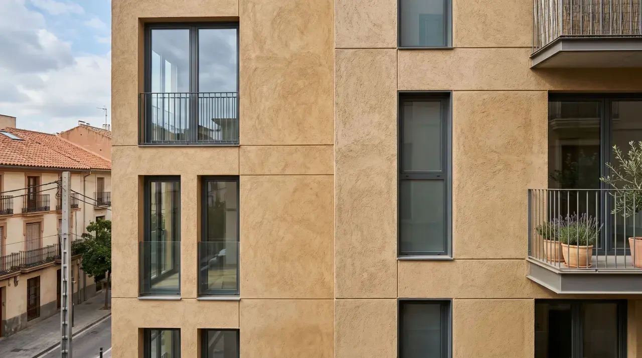 Fachada moderna con textura de arena, ventanas oscuras y balcones. El mejor mortero para fachadas exteriores protege esta construcción.