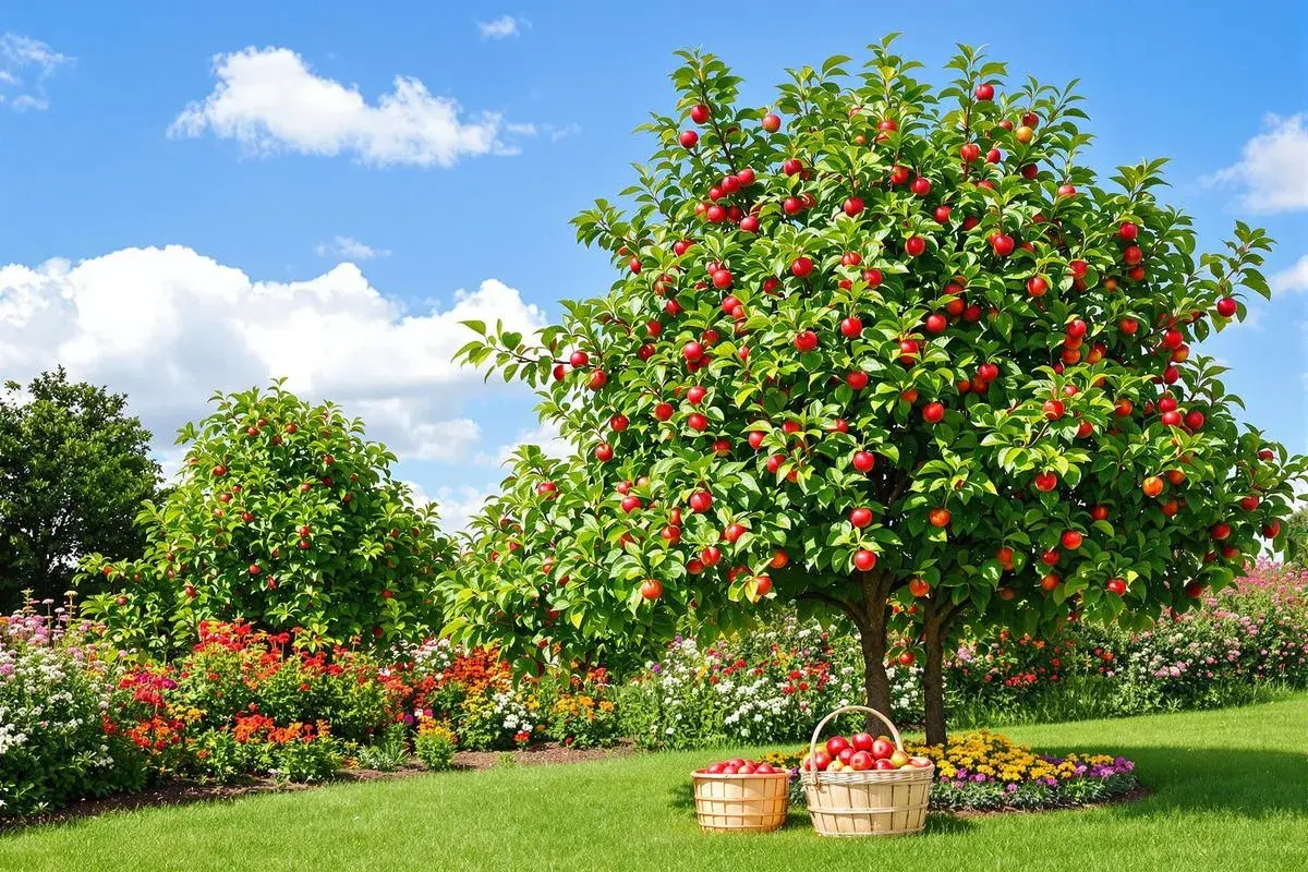 Un pommier chargé de fruits rouges. Combien de temps pour avoir des fruits ? Ce pommier semble prêt à être récolté.