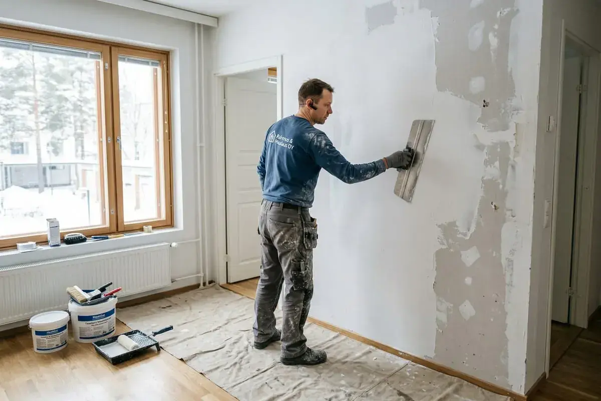 Man spacklar en vägg, torktid spackel innan målning. Verktyg och färgburkar står på golvet.
