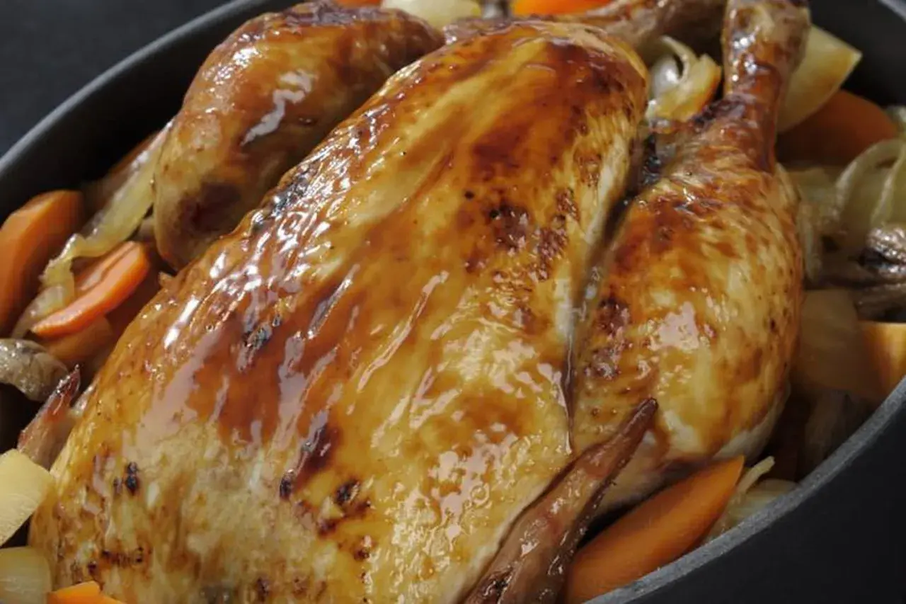 Un poulet rôti doré et juteux, accompagné de carottes et d'oignons. Un délice pour savoir quel vin avec un poulet rôti.