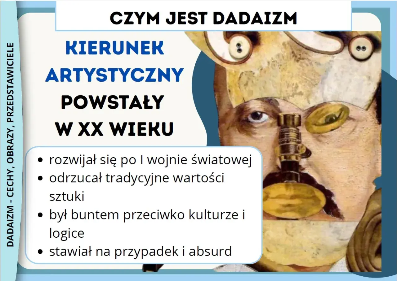Dadaizm co to? Kierunek artystyczny XX wieku, bunt przeciw logice, stawiał na przypadek i absurd. Obraz przedstawia surrealistyczną twarz z elementami kolażu.