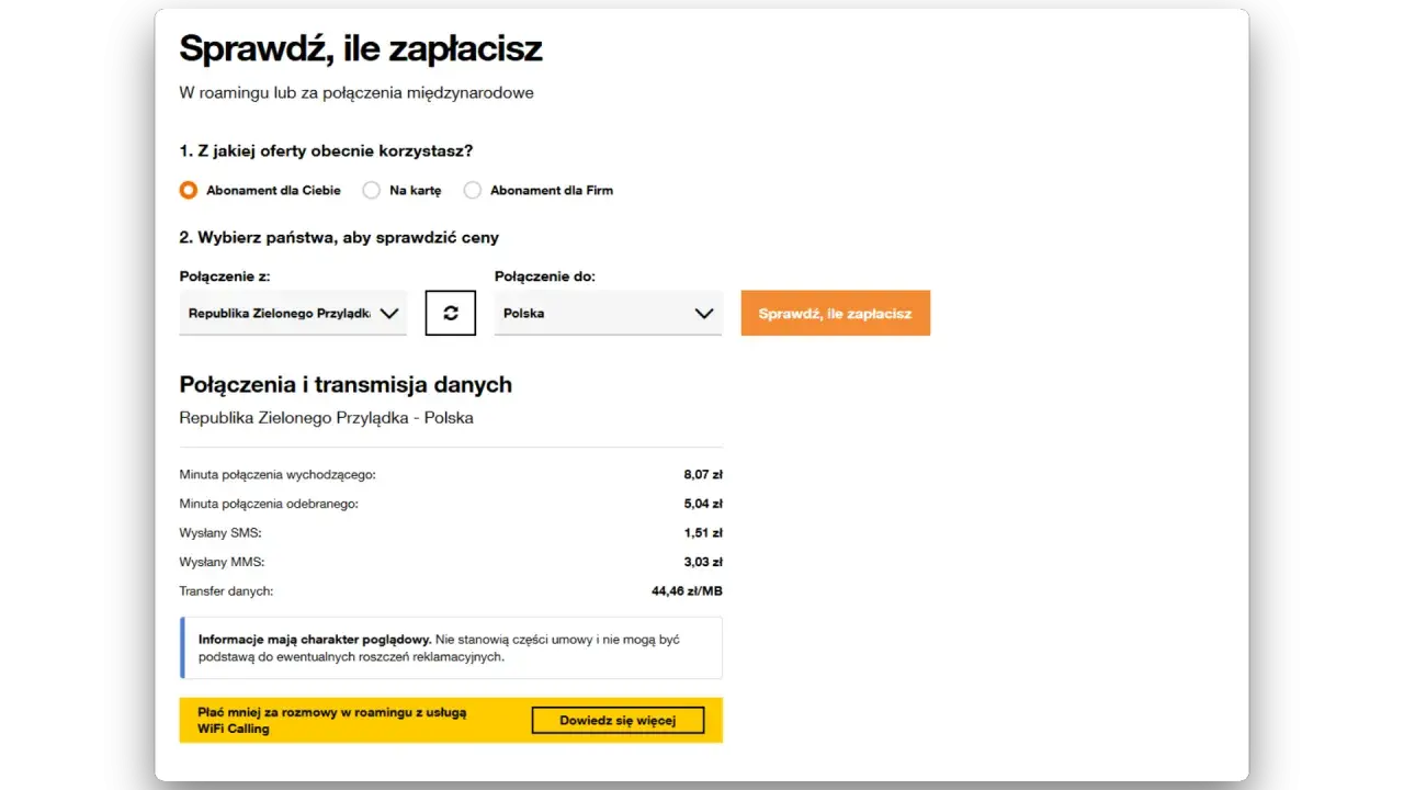 Jak wykupić pakiet internetu w roamingu Orange? Sprawdź ceny połączeń z Zielonego Przylądka do Polski.