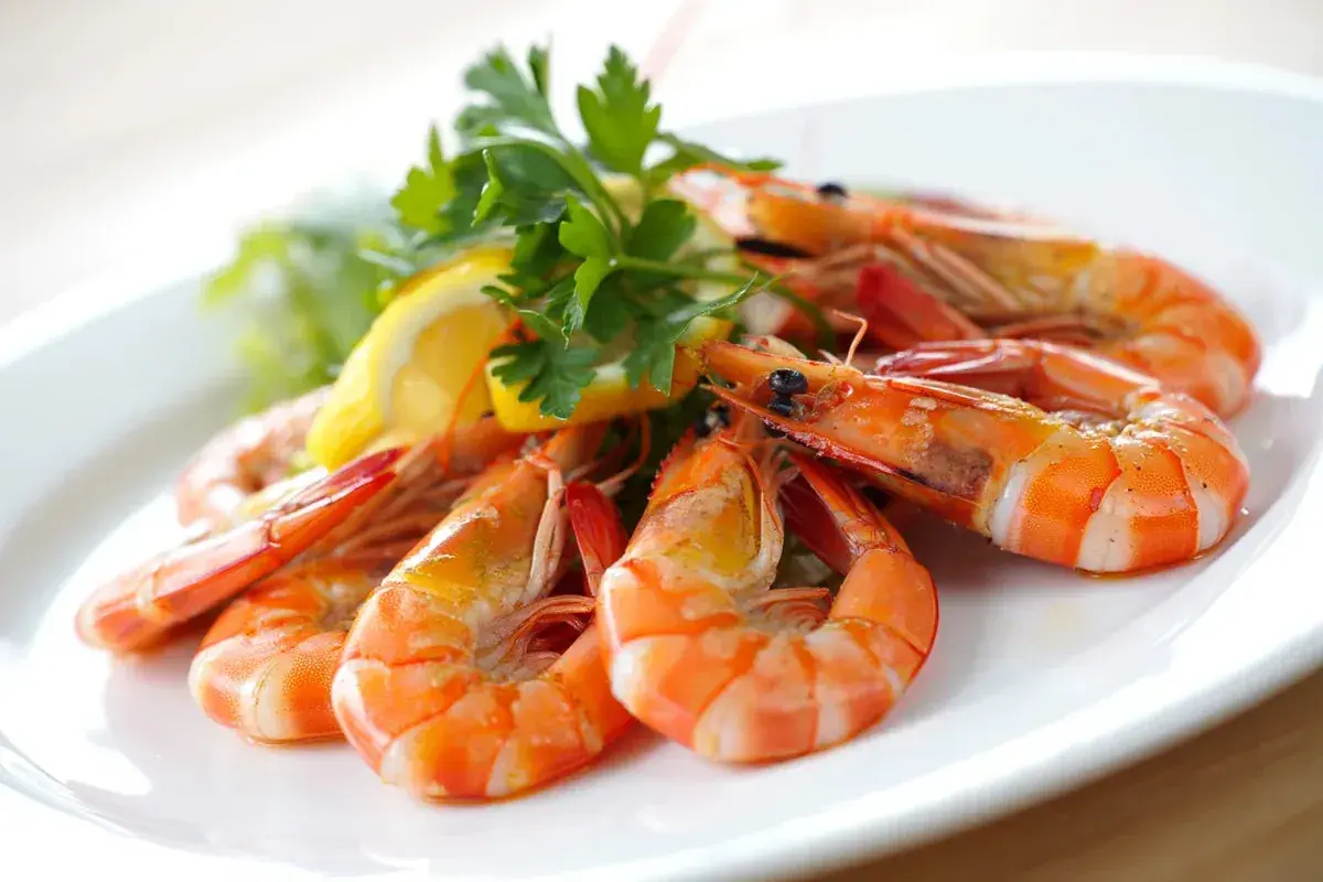 Deliciosas gambas al ajillo servidas en un plato blanco, adornadas con perejil fresco y rodajas de limón.