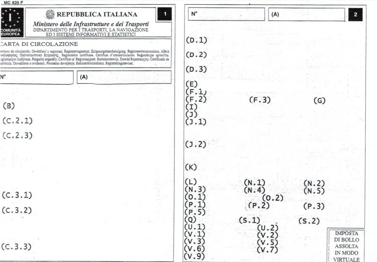 Documento "Carta di Circolazione" con campi codificati (A), (B), (C.2.1), (C.3.1), ecc. e sezioni numerate (1), (2).