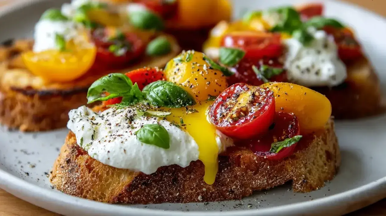 Köstliche Crostini Variationen mit Burrata, Kirschtomaten und frischem Basilikum, bestreut mit Pfeffer und Kräutern.
