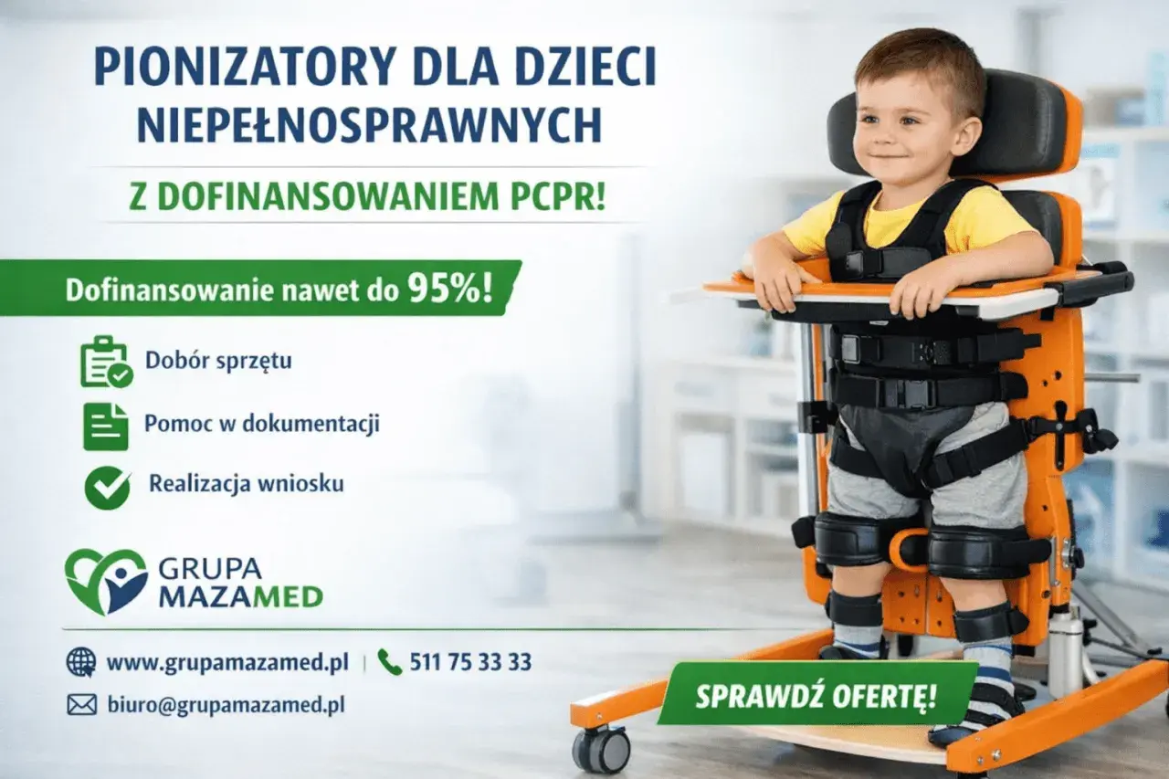 Uśmiechnięty chłopiec w pionizatorze. Oferujemy pionizatory dla niepełnosprawnych z dofinansowaniem do 95%!