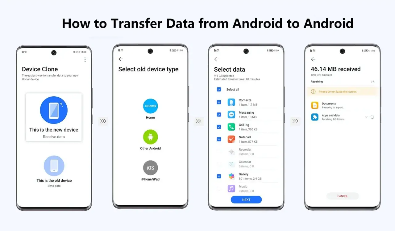 Guía para pasar todo de un móvil a otro Android. Muestra los pasos: seleccionar nuevo dispositivo, tipo de móvil antiguo, datos a transferir y progreso de recepción.