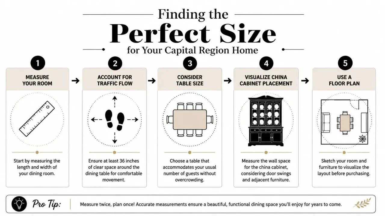 Infographic on finding the perfect size for dining room furniture, including steps like measuring, traffic flow, and considering table size.