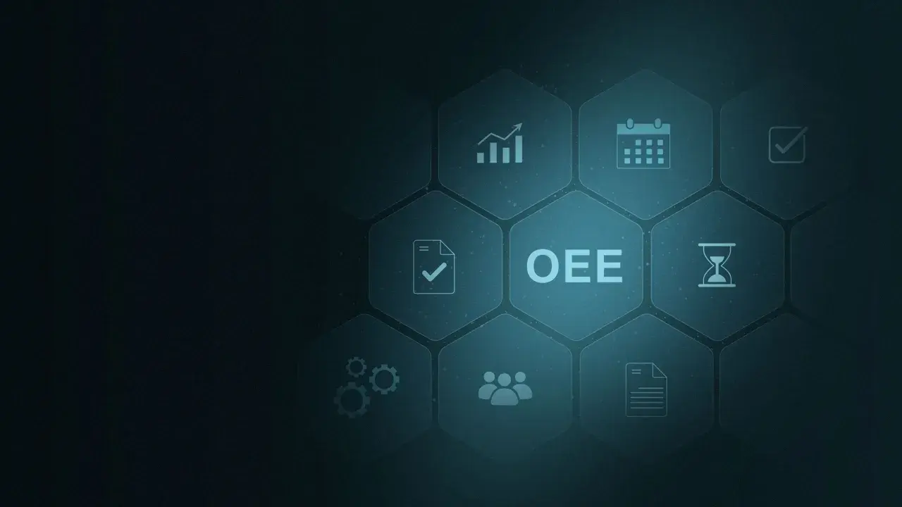 OEE wzór. Ikony symbolizujące wydajność, kalendarz, zadania, zespół, dokumenty i czas.