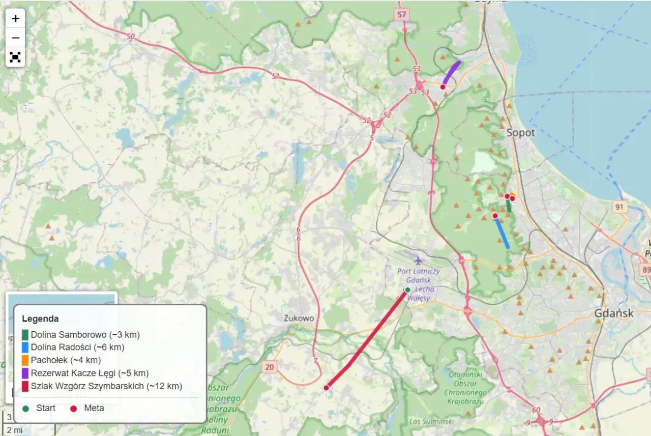 Mapa z zaznaczonymi trasami do biegania w okolicach Trójmiasta. Widać fragmenty Doliny Samborowo, Doliny Radości, Pachołka, Rezerwatu Kacze Łęgi i Szlaku Wzgórz Szymbarskich.